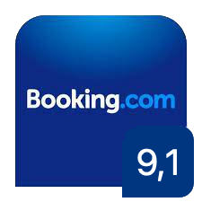 Das Bild zeigt das Logo von Booking.com mit der Bewertung (9,1) des Hotels. 